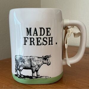 Rae Dunn White, Black and Green Cow  Ceramic Coffee Mug